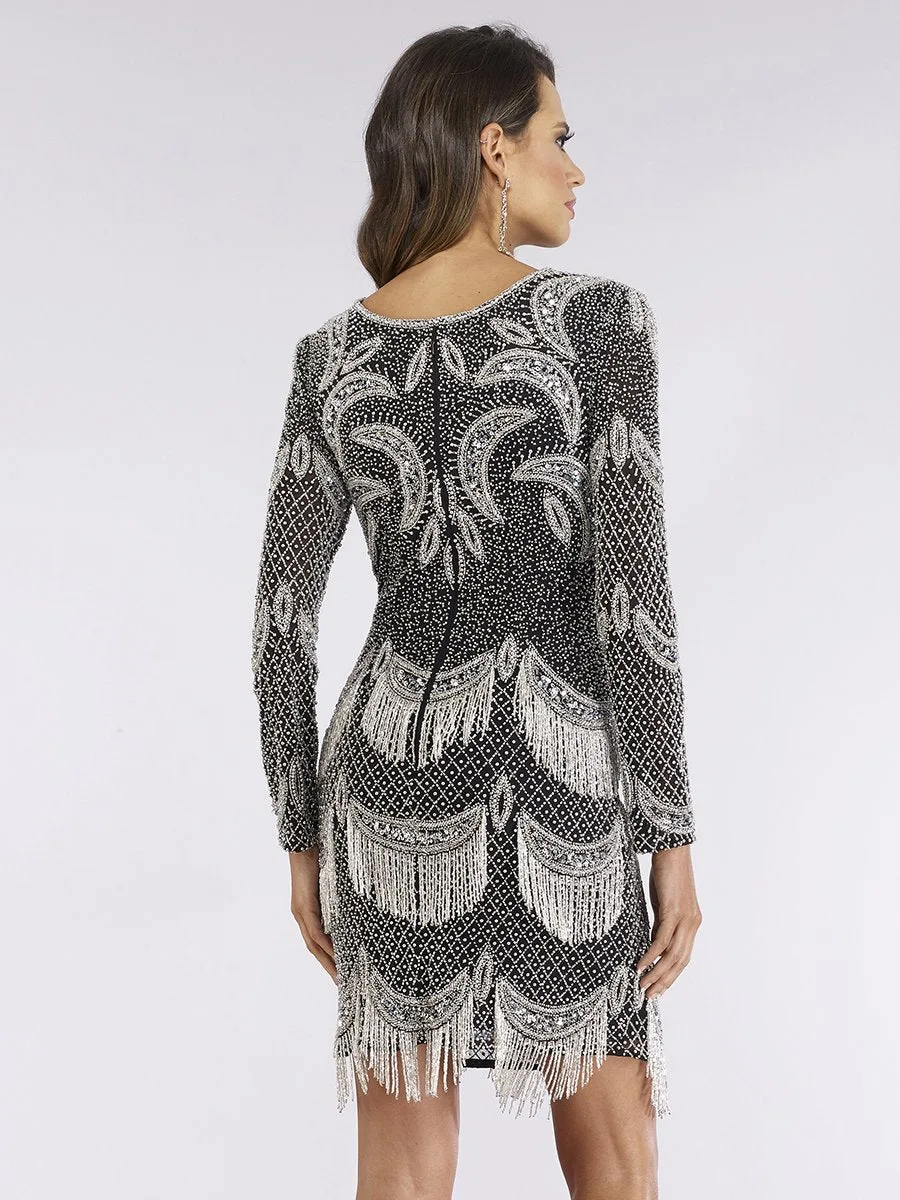 Long Sleeve Beaded V-Neck Fringe Cocktail Dress by Lara New York — style 29377