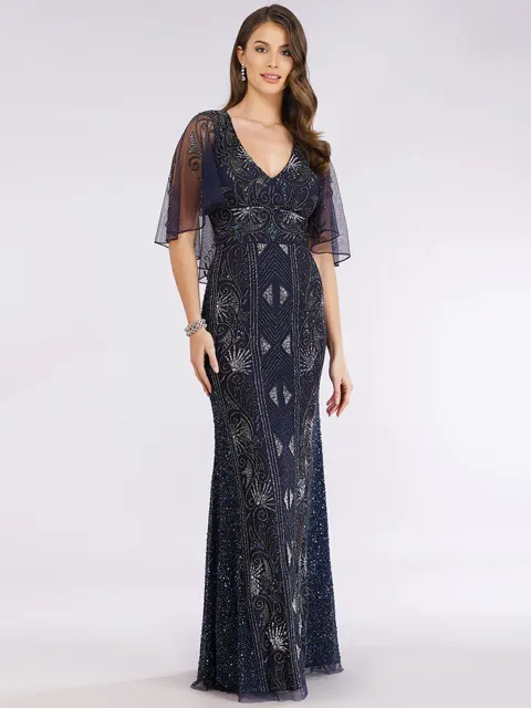 Cape Sleeve Beaded Gown