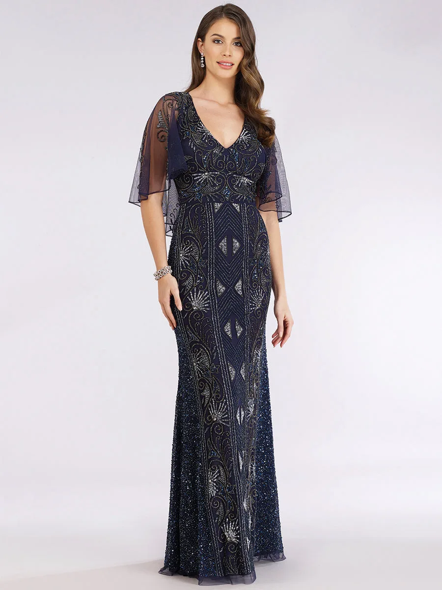 Cape Sleeve Beaded Gown by Lara New York — style 29393 in Navy