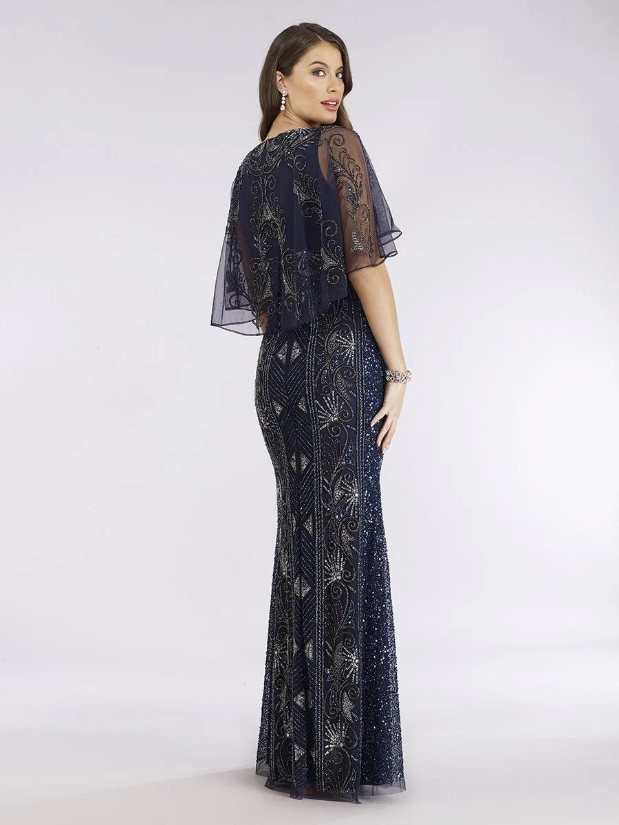 Cape Sleeve Beaded Gown by Lara New York — style 29393