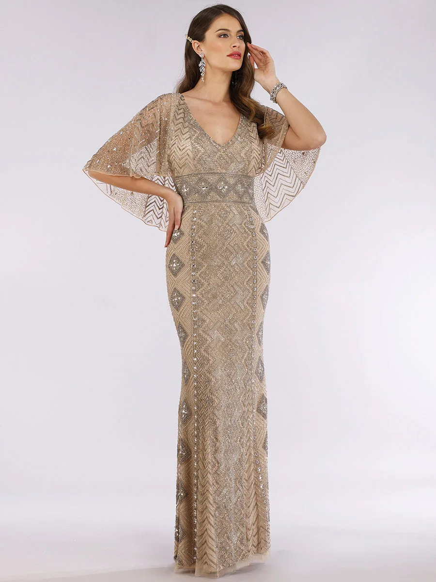 Cape Sleeve V-Neck Beaded Gown by Lara New York — style 29397 in Nude/Silver