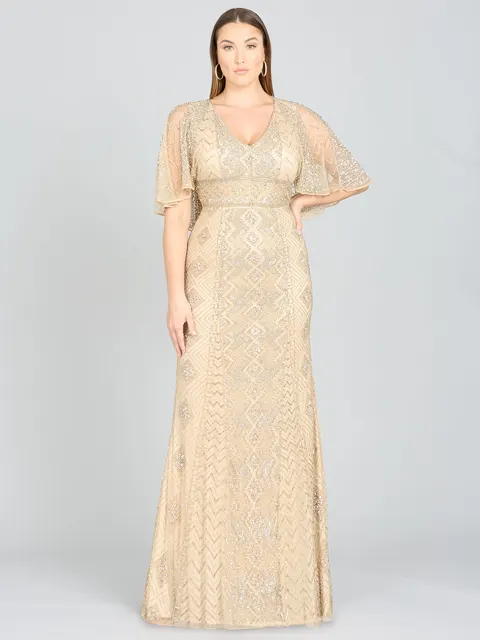 Cape Sleeve V-Neck Beaded Gown