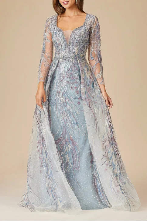Long Sleeve Contrast Embroidered Gown with Overskirt by Lara New York — style 29452