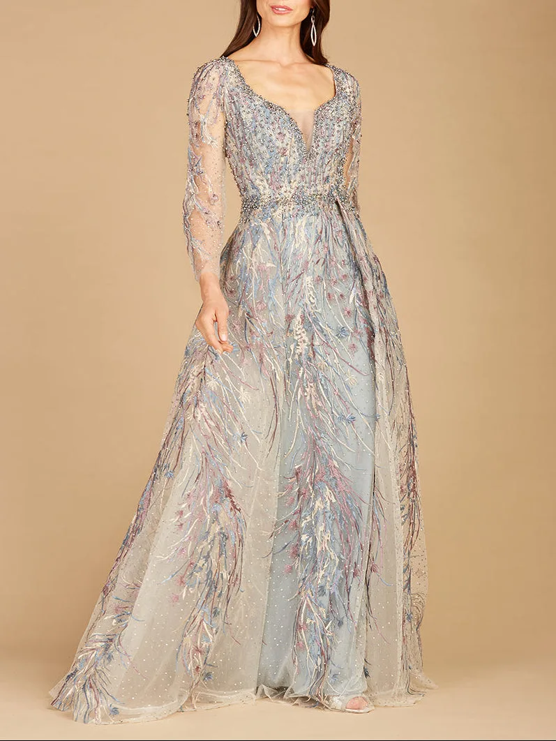 Long Sleeve Contrast Embroidered Gown with Overskirt by Lara New York — style 29452 in Multi