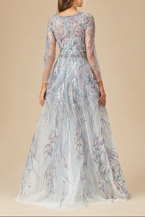 Long Sleeve Contrast Embroidered Gown with Overskirt by Lara New York — style 29452