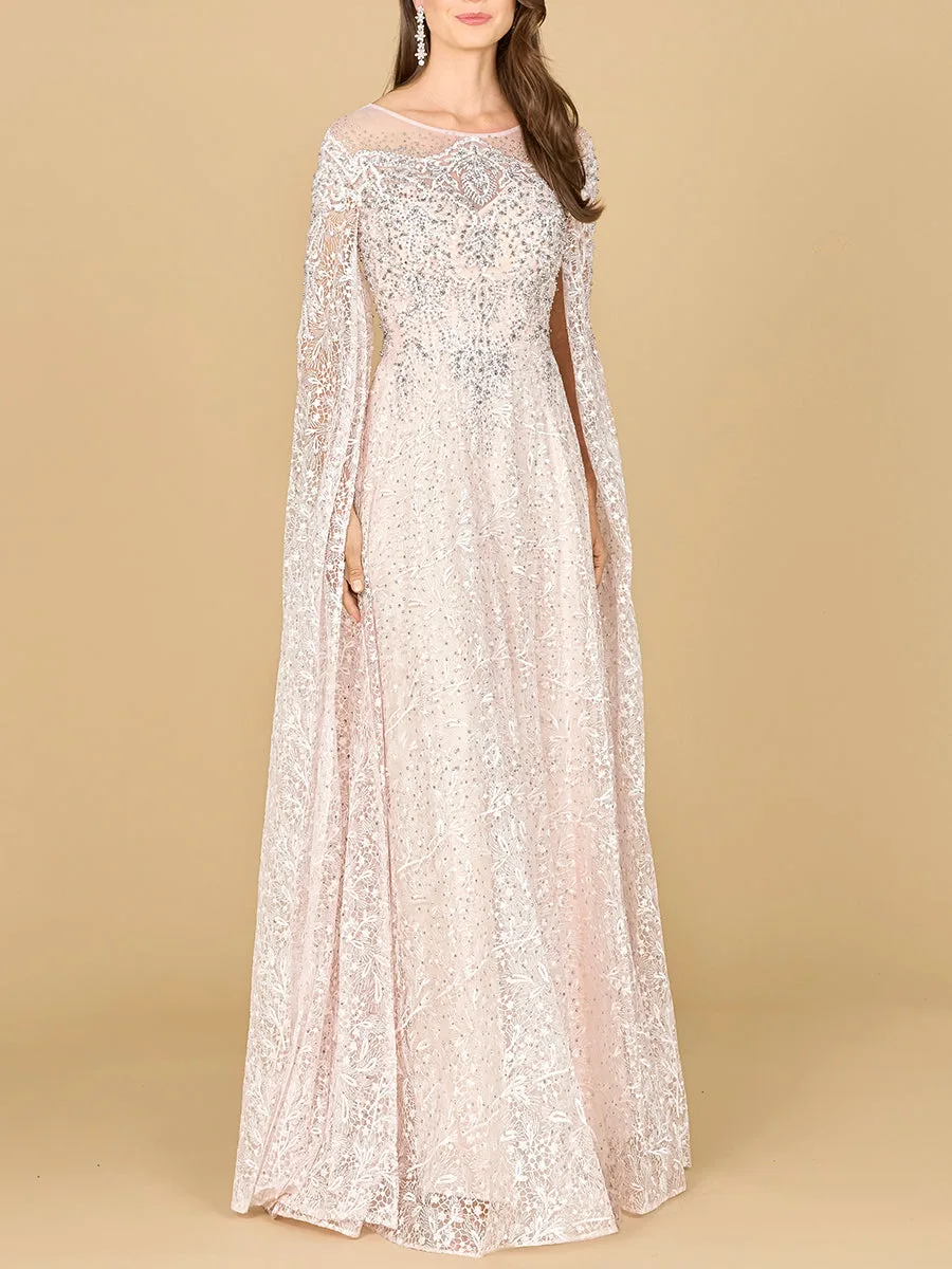 Lace Gown with Dramatic Cape Sleeves by Lara New York — style 29454 in Powder Pink