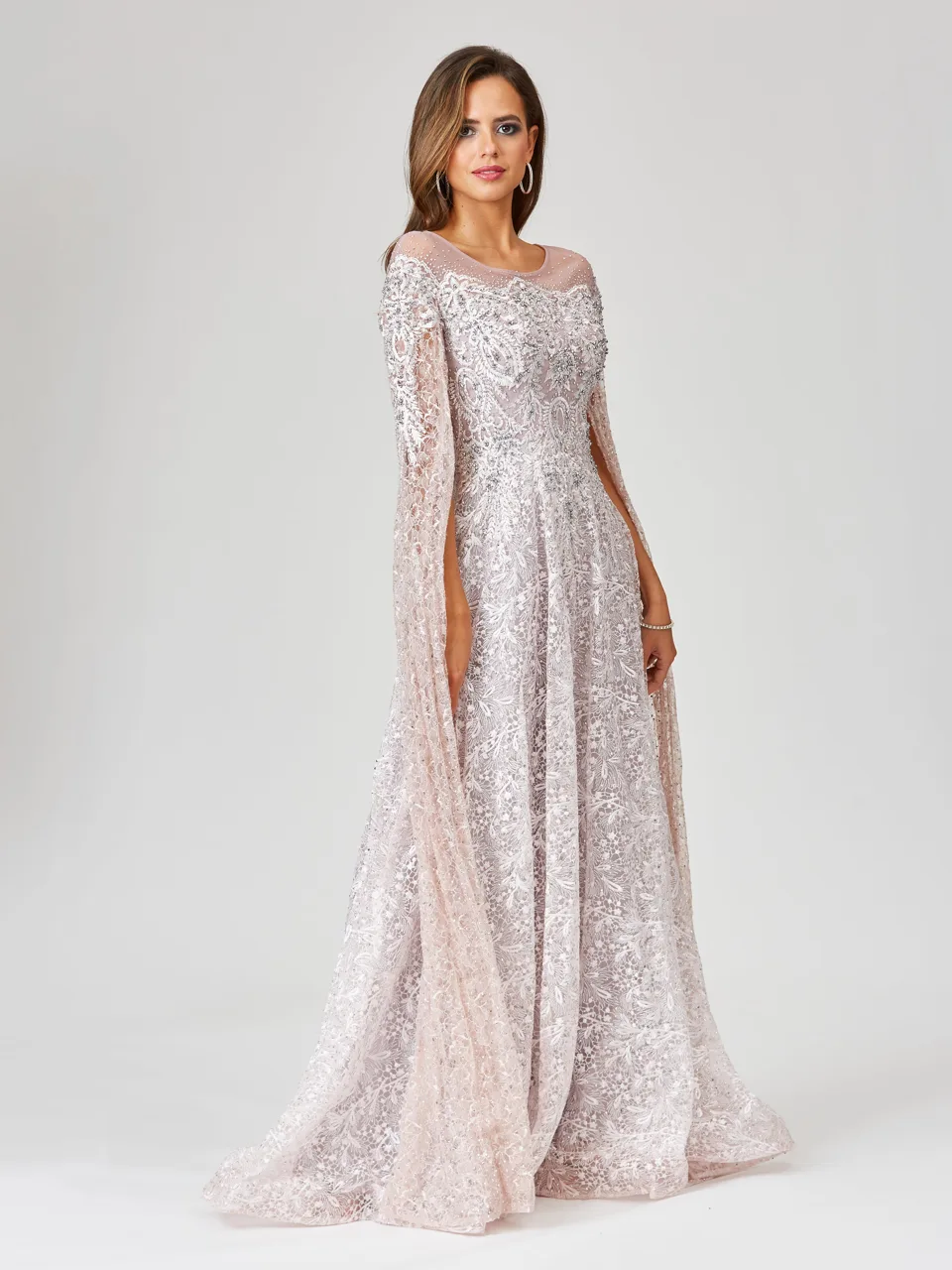 Lace Gown with Dramatic Cape Sleeves by Lara New York — style 29454