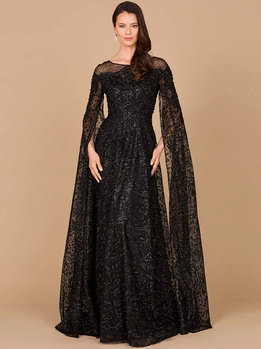 Lace Gown with Dramatic Cape Sleeves by Lara New York — style 29454