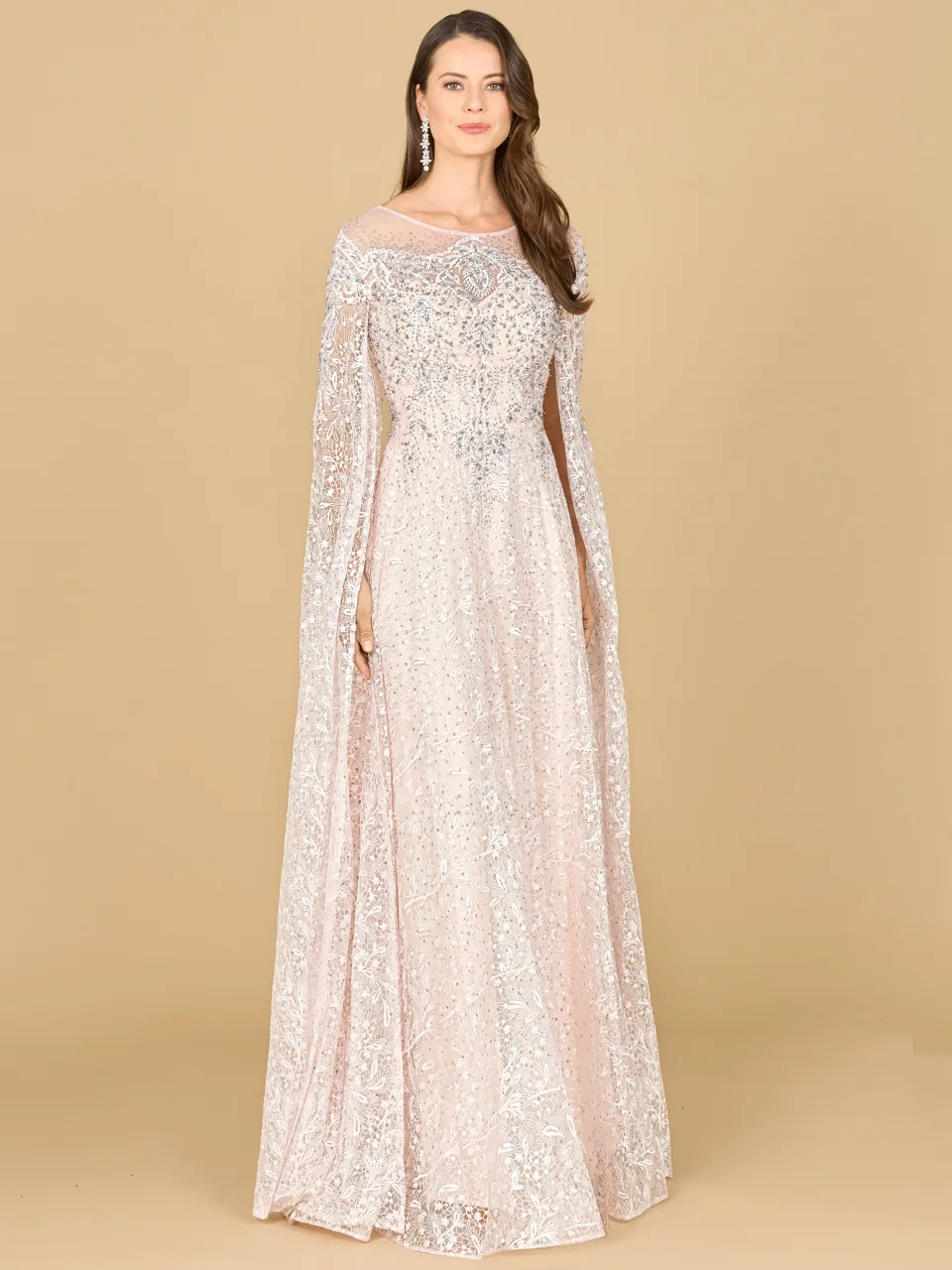 Lace Gown with Dramatic Cape Sleeves by Lara New York — style 29454