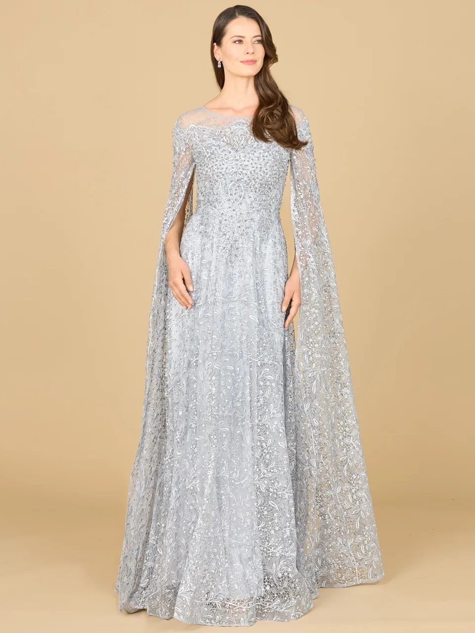 Lace Gown with Dramatic Cape Sleeves by Lara New York — style 29454 in Slate