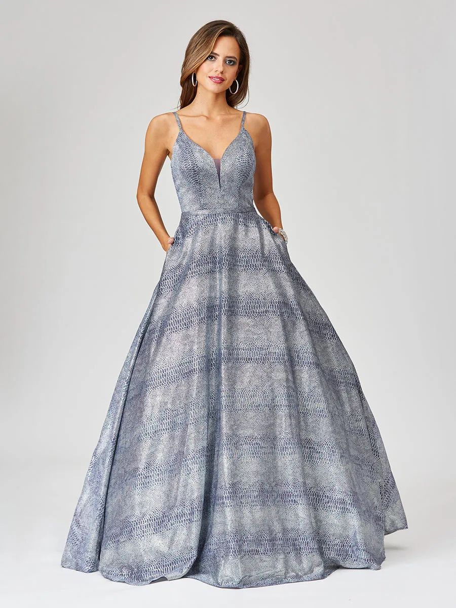 Snake Print Shimmer Ball Gown by Lara New York — style 29462 in Blue