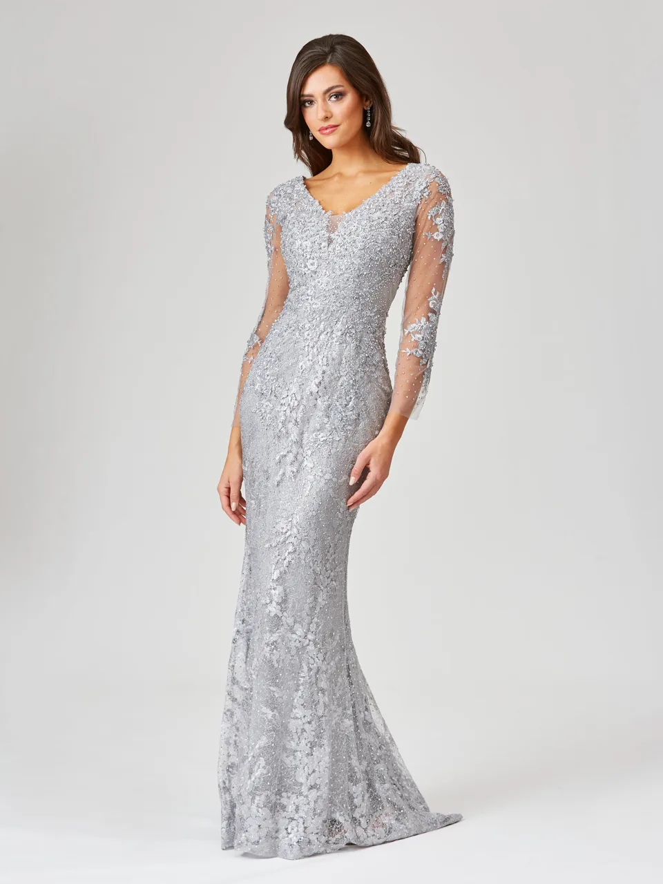 Long Sleeve Lace Mermaid Gown by Lara New York — style 29473 in Slate Stone