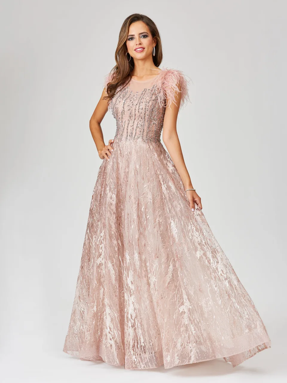 Lace ballgown with Feather Cap Sleeves by Lara New York — style 29475 in Blush