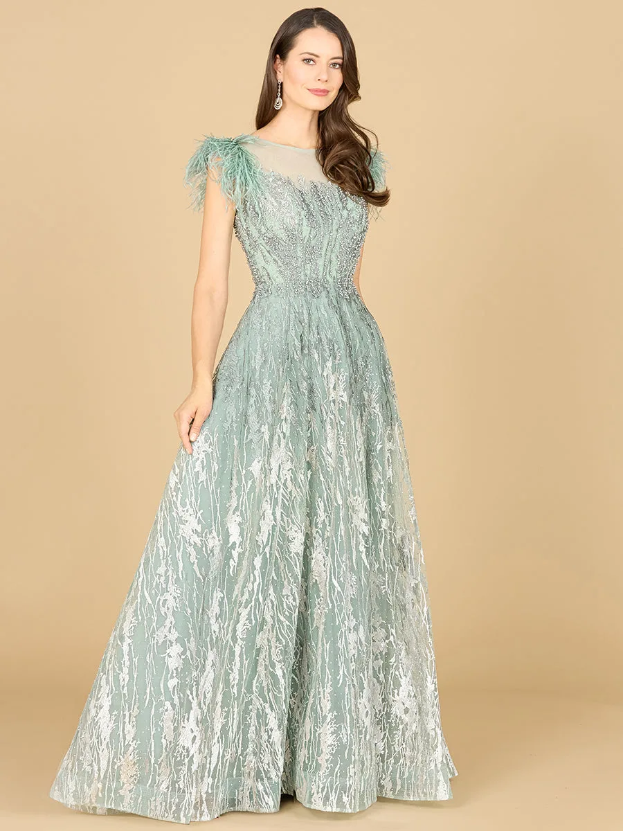 Lace ballgown with Feather Cap Sleeves by Lara New York — style 29475 in Sage