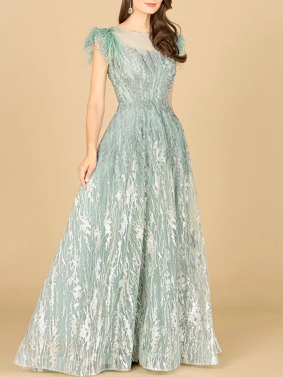Lace ballgown with Feather Cap Sleeves by Lara New York — style 29475