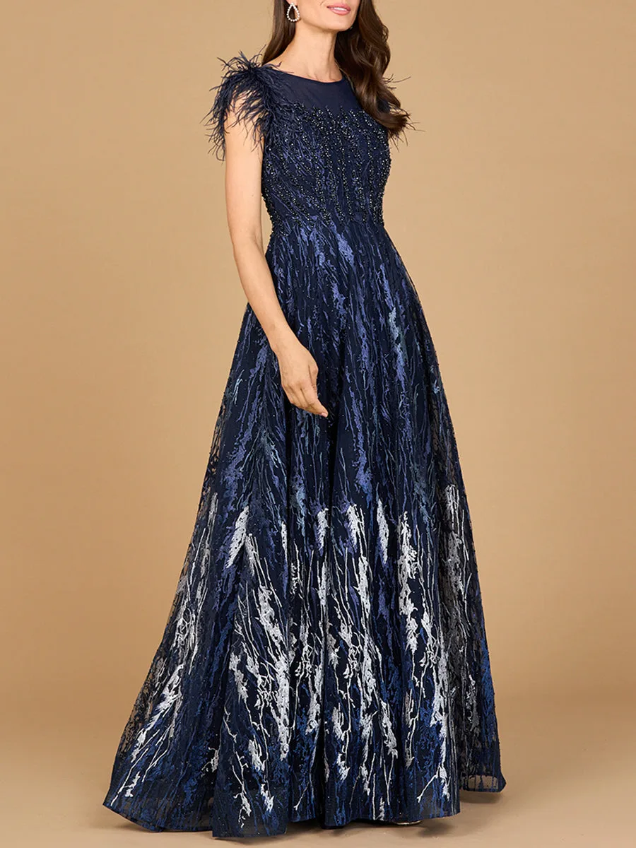 Lace ballgown with Feather Cap Sleeves by Lara New York — style 29475 in Navy
