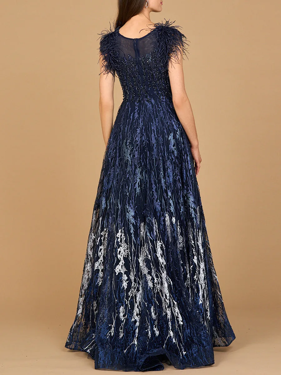 Lace ballgown with Feather Cap Sleeves by Lara New York — style 29475