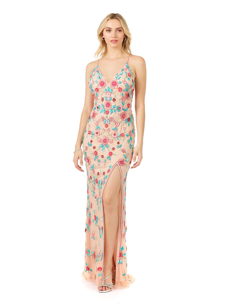 Thigh High Slit with Open Back Dress by Lara New York — style 29486 in Nude/Multi