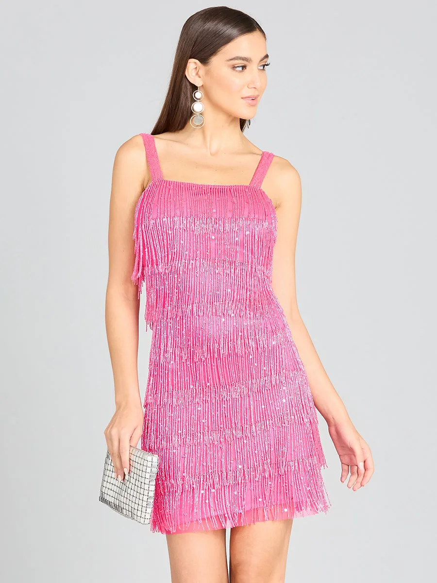 Beaded Fringe Cocktail Dress by Lara New York — style 29488 in Hot Pink