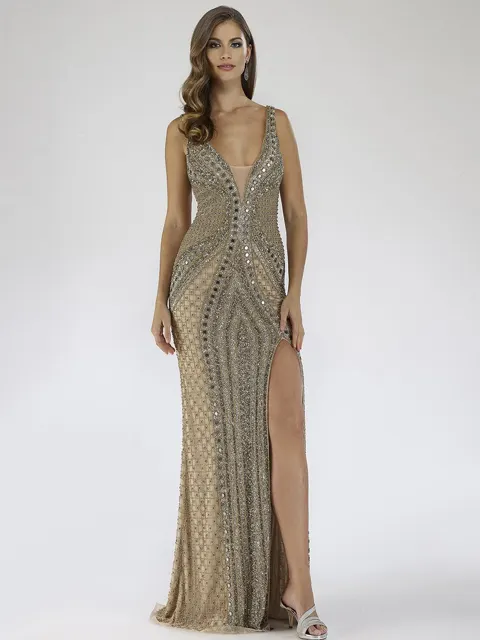 Embellished Long Dress with Thigh High Slit