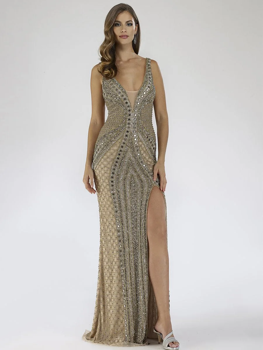 Embellished Long Dress with Thigh High Slit by Lara New York — style 29499