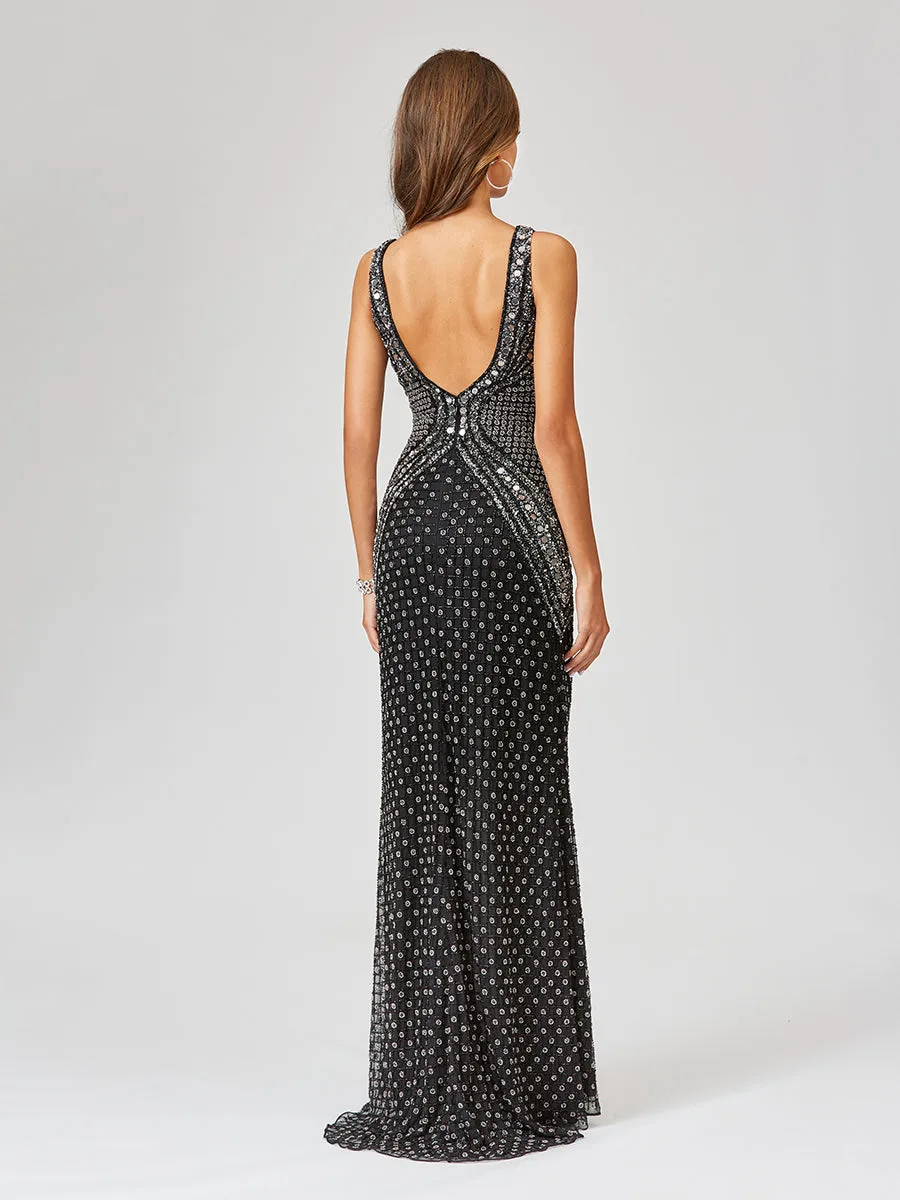 Embellished Long Dress with Thigh High Slit by Lara New York — style 29499