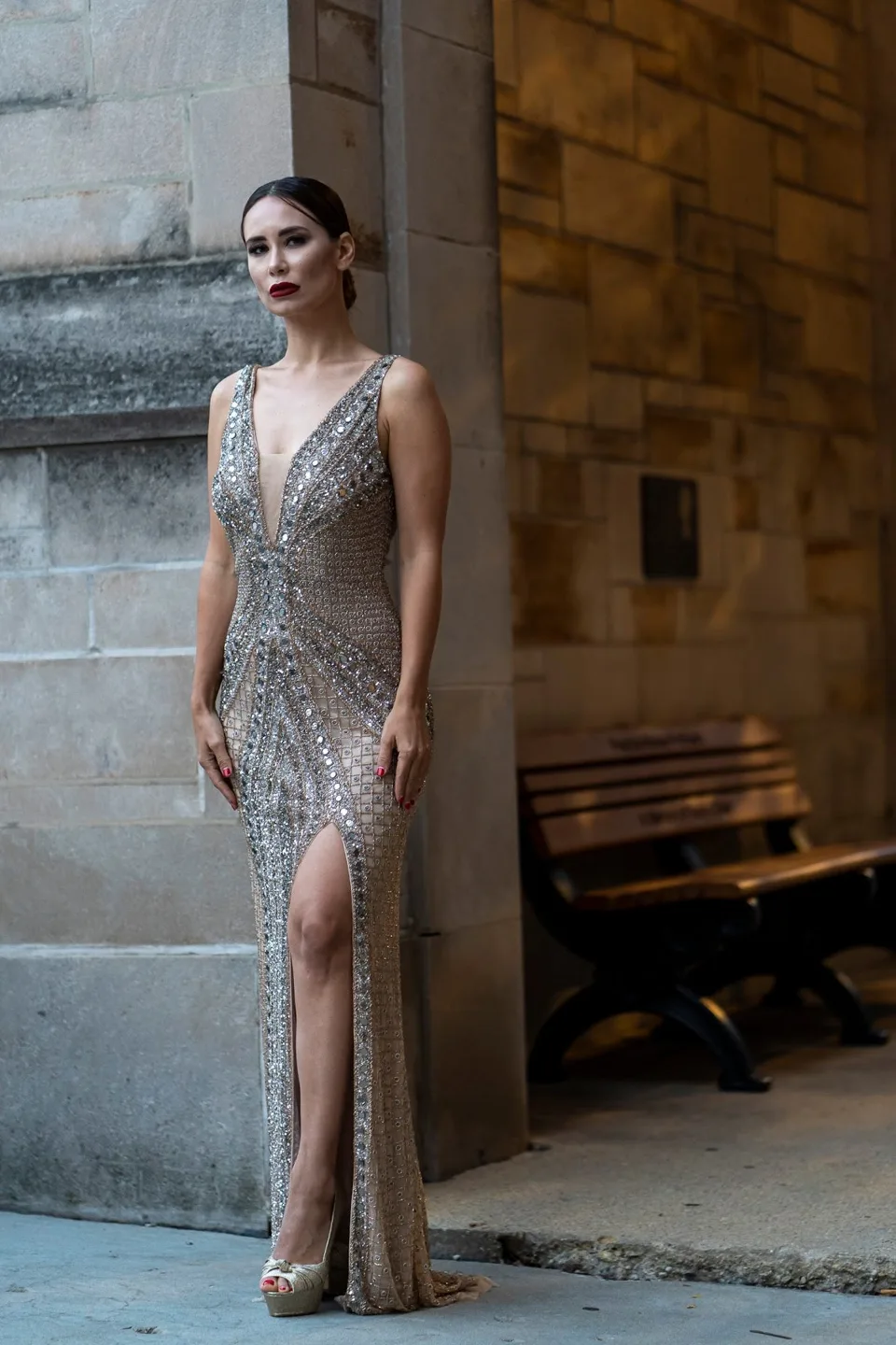 Embellished Long Dress with Thigh High Slit by Lara New York — style 29499