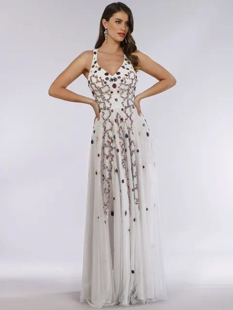Beaded Dress with Open Cross Back and Flowy Skirt