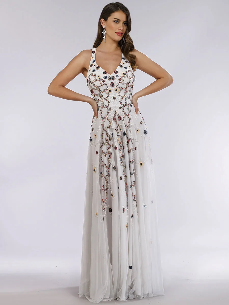Beaded Dress with Open Cross Back and Flowy Skirt by Lara New York — style 29544 in White/Multi