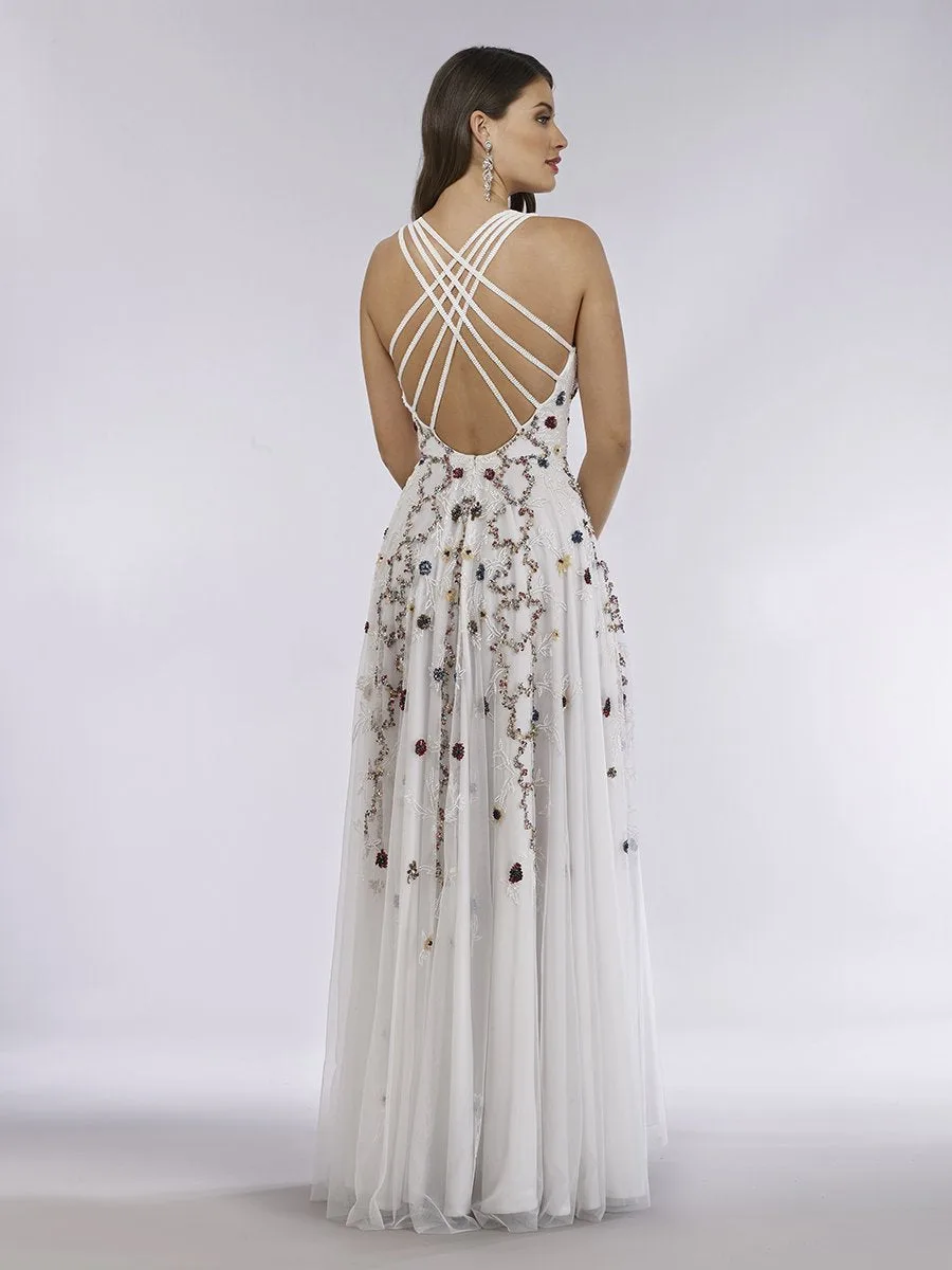 Beaded Dress with Open Cross Back and Flowy Skirt by Lara New York — style 29544