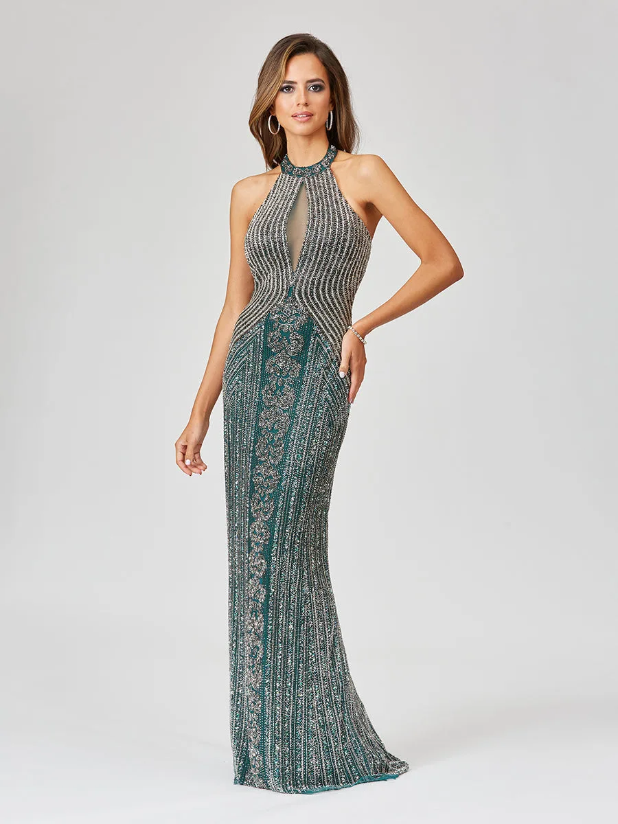 Halter Neck Dress with Keyhole by Lara New York — style 29600 in Hunter Green