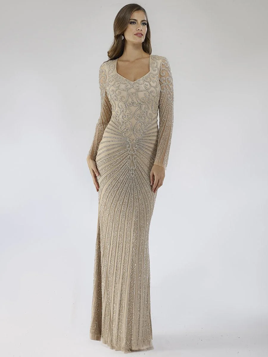V Neck Beaded Long Sleeve Dress by Lara New York — style 29602 in Nude