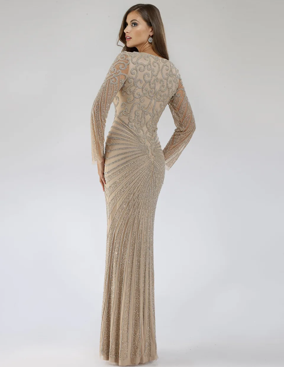 V Neck Beaded Long Sleeve Dress by Lara New York — style 29602