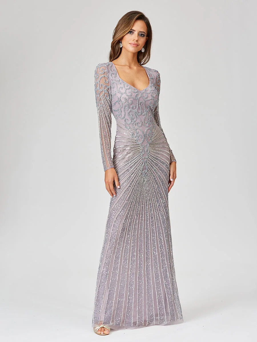 V Neck Beaded Long Sleeve Dress by Lara New York — style 29602 in Lilac