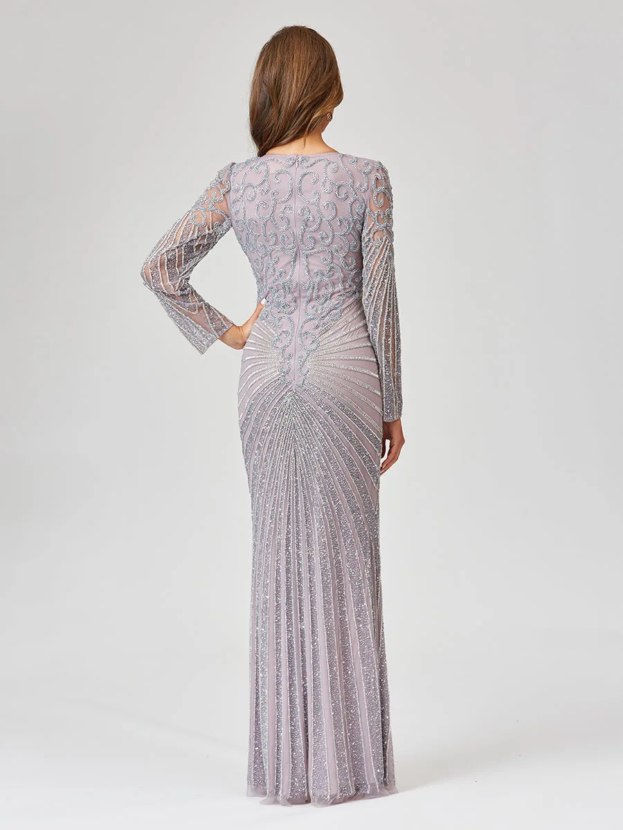 V Neck Beaded Long Sleeve Dress by Lara New York — style 29602