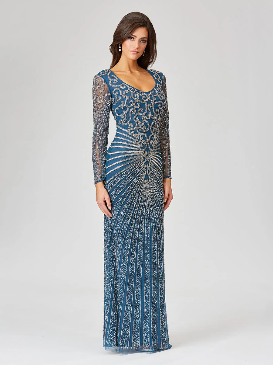 V Neck Beaded Long Sleeve Dress by Lara New York — style 29602 in Teal
