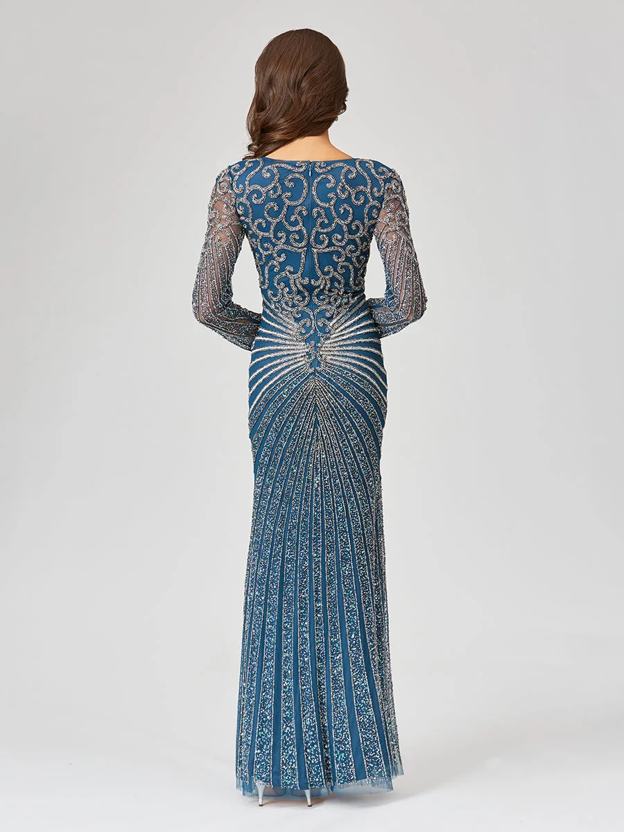 V Neck Beaded Long Sleeve Dress by Lara New York — style 29602