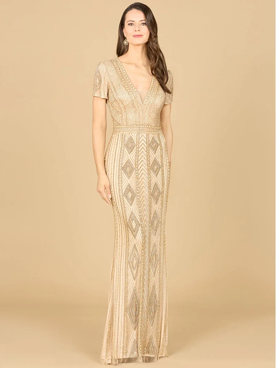 Closed Back, Cap Sleeve Dress by Lara New York — style 29606 in Champagne
