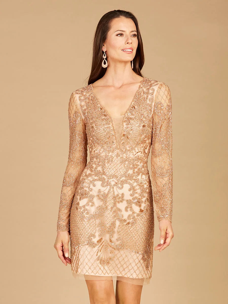 Long Sleeve Beaded Cocktail Dress by Lara New York — style 29610 in Rose Gold