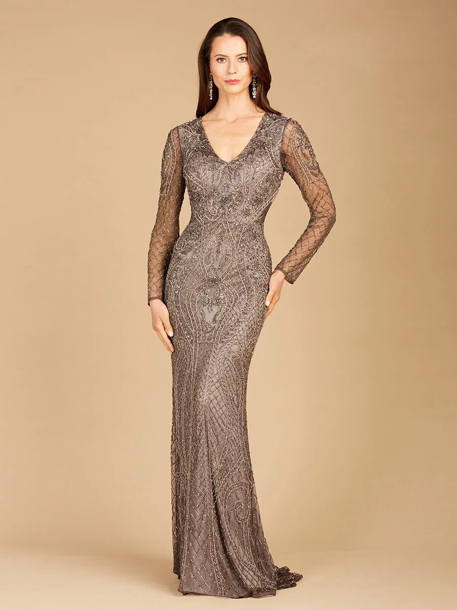 Long Sleeve Beaded Dress by Lara New York — style 29615 in Grey