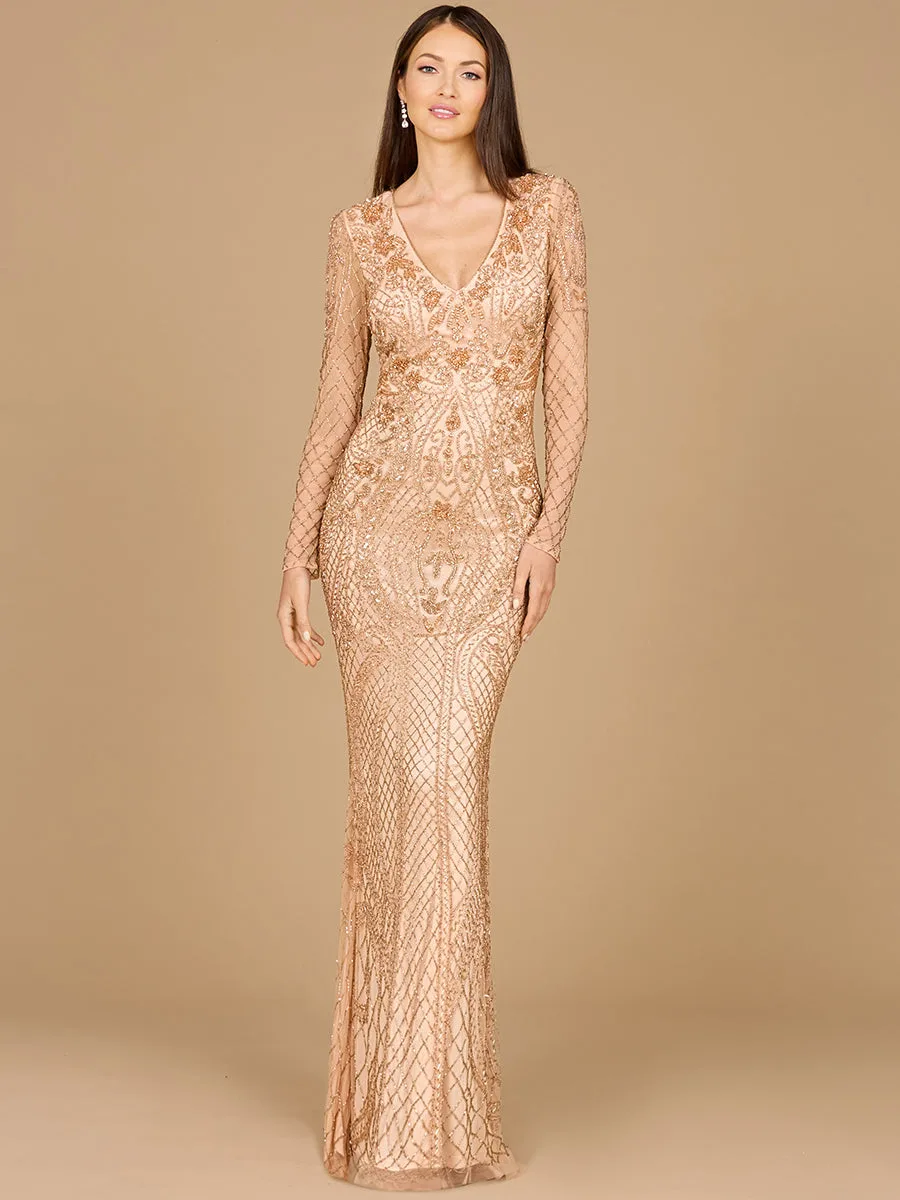 Long Sleeve Beaded Dress by Lara New York — style 29615 in Rose Gold