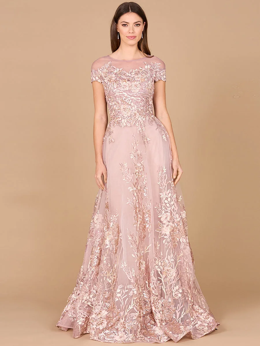 Beautiful Lace Applique A-line Ball Gown by Lara New York — style 29619 in Dusty Rose