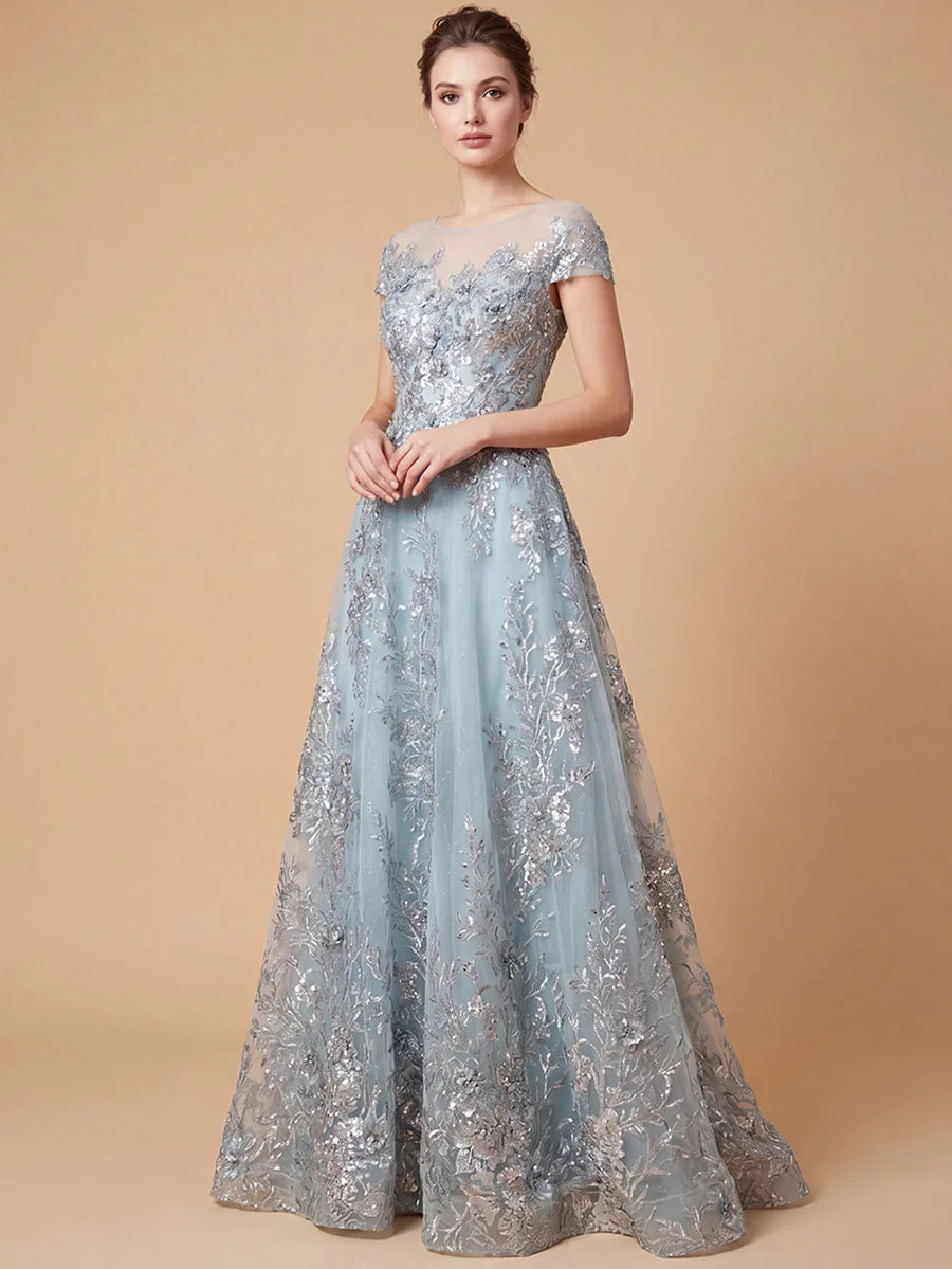Beautiful Lace Applique A-line Ball Gown by Lara New York — style 29619 in Dusty Blue