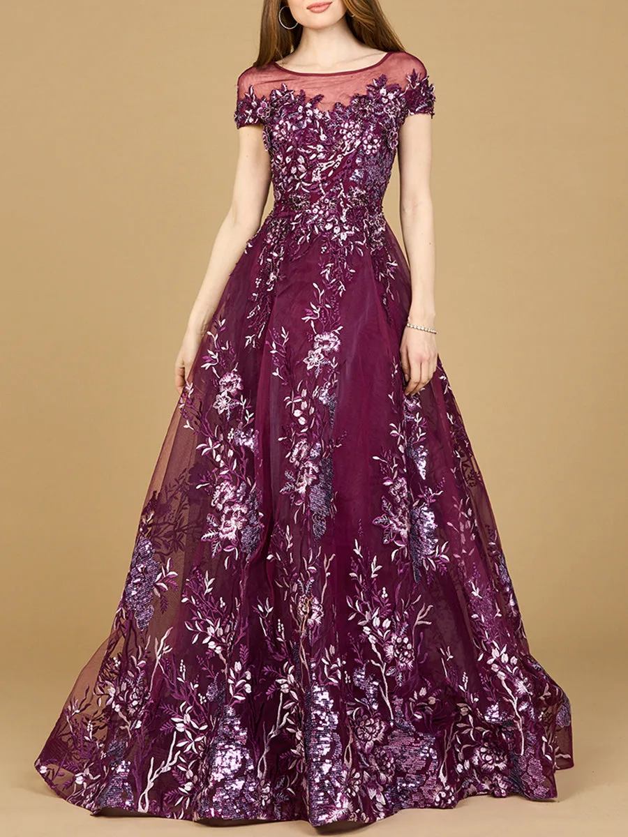 Beautiful Lace Applique A-line Ball Gown by Lara New York — style 29619 in Eggplant