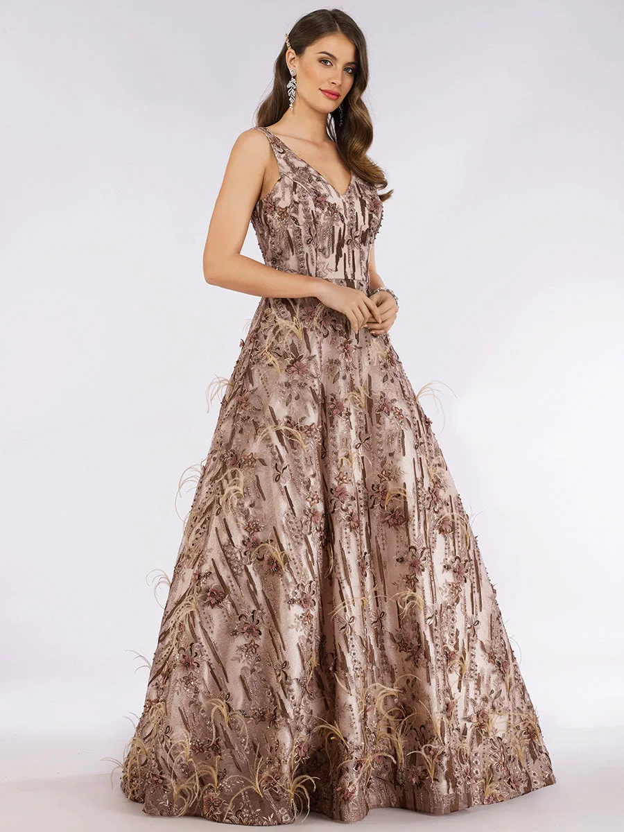 Stylish Ball Gown with Feathers by Lara New York — style 29630 in Coffee