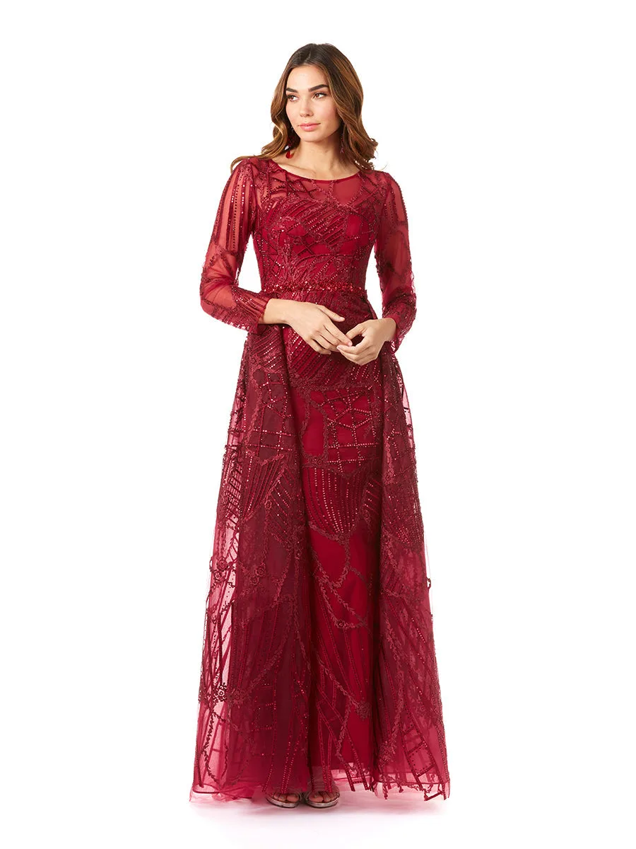 Gorgeous Overskirt Dress with Long Sleeves by Lara New York — style 29633 in DarkRed