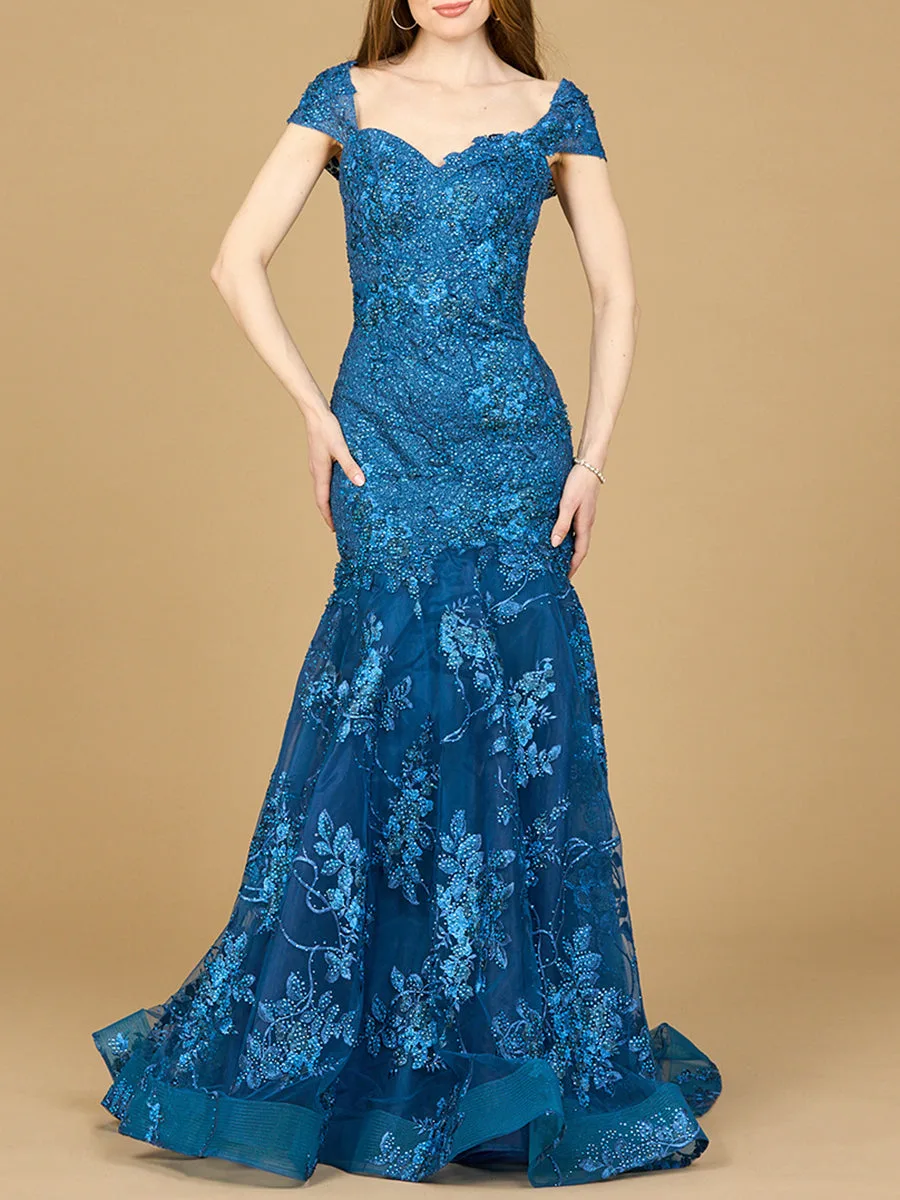 Cap Sleeve Mermaid Gown by Lara New York — style 29642 in Peacock Blue
