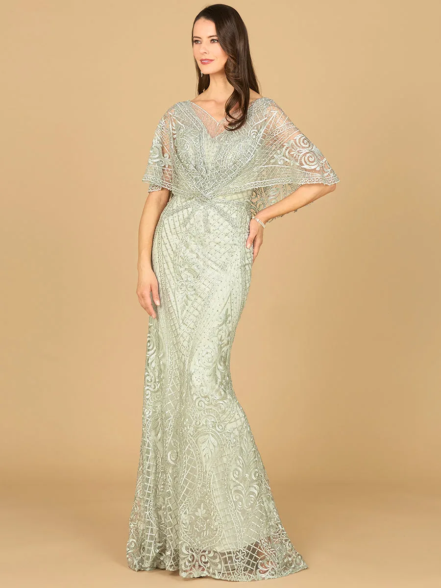 Cape Sleeve Mermaid Gown by Lara New York — style 29673 in Glacial Green