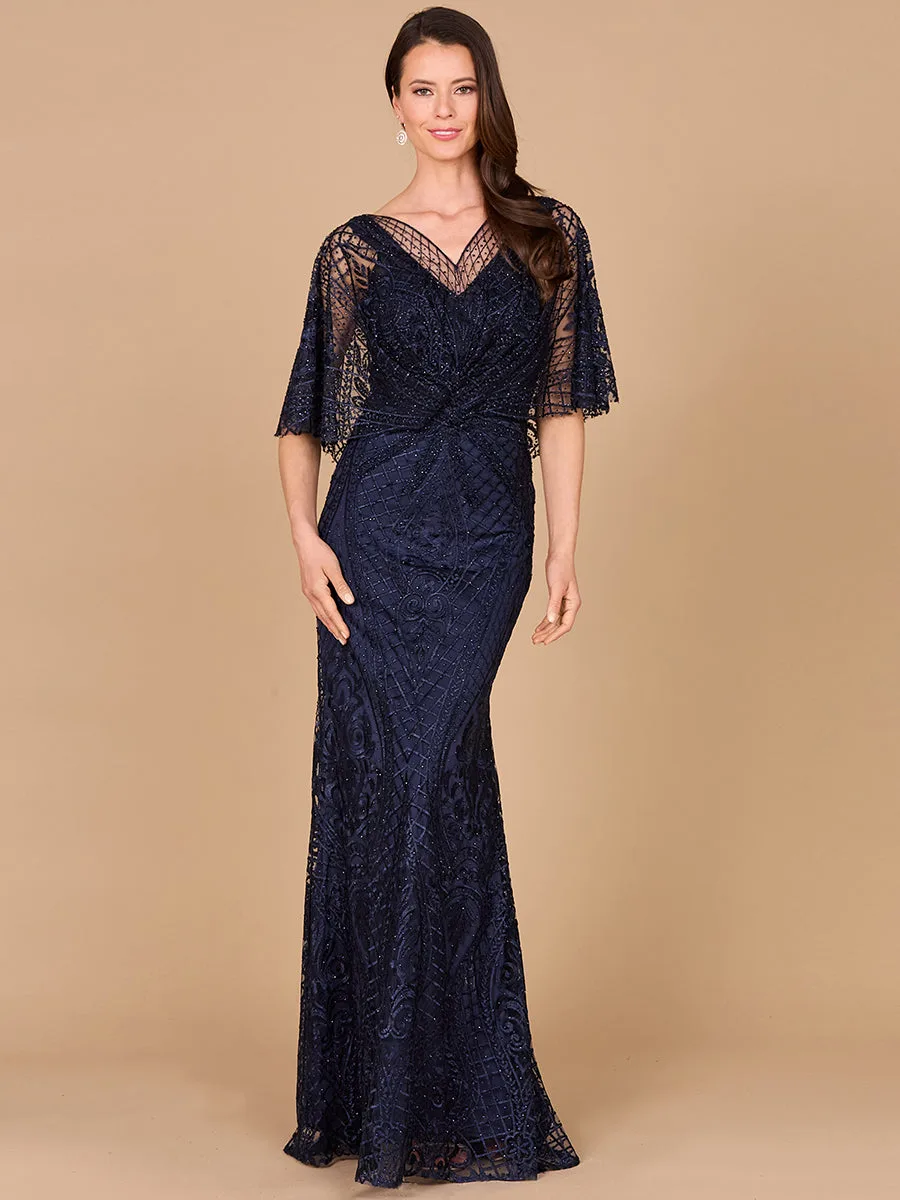 Cape Sleeve Mermaid Gown by Lara New York — style 29673 in Navy