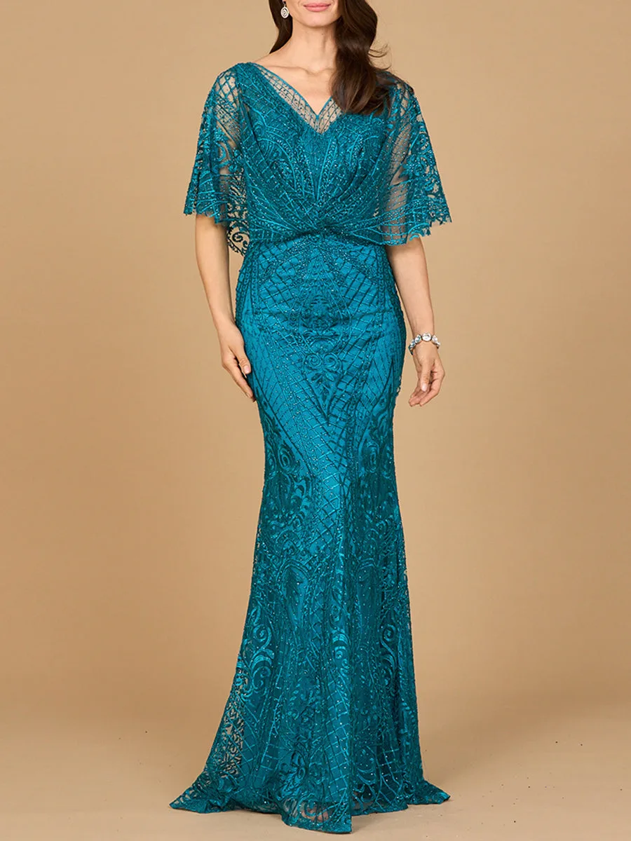 Cape Sleeve Mermaid Gown by Lara New York — style 29673 in Teal